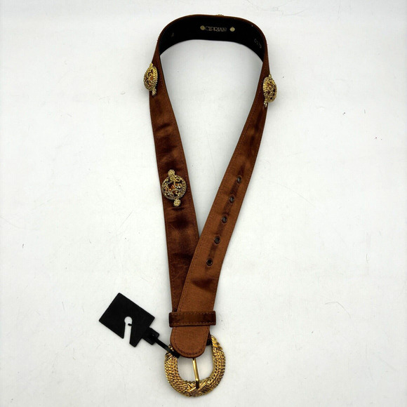 NEW Vintage 80s Cipriani 0179 Brown Satin Gold Filigree Gemstone Waist Belt M 30 main image 6